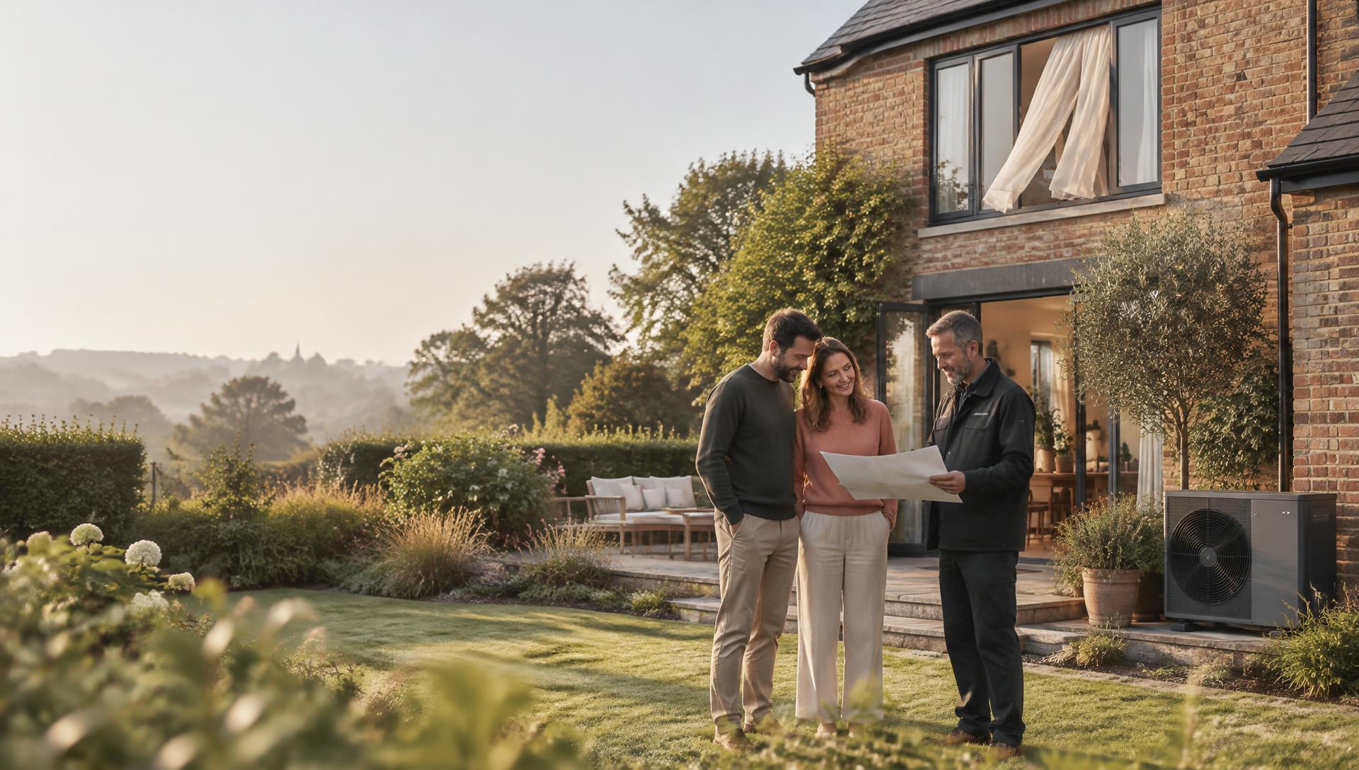 Homeowners reviewing a whole-home energy plan with a Breathe specialist